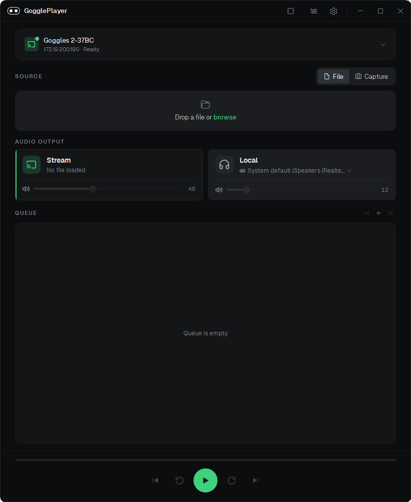 Main window with no file loaded: device picker at the top, source tabs for File, Capture, and URL, an empty Now Playing dropzone, audio output cards, and an empty playback queue.