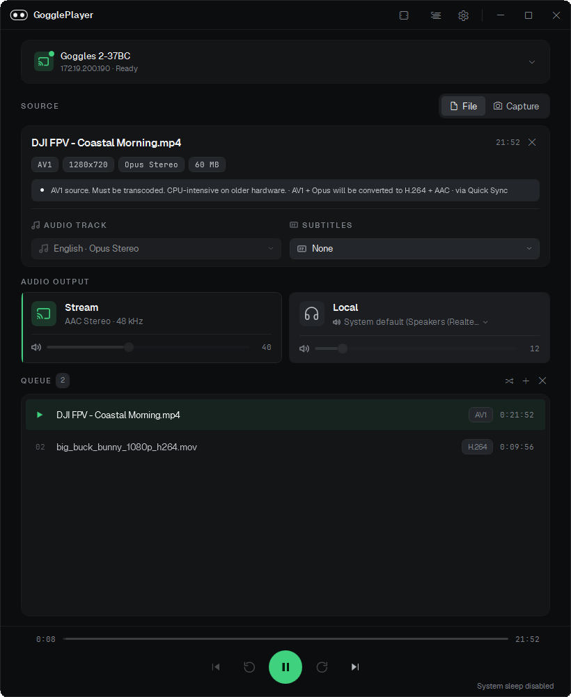 GogglePlayer main window in the dark theme: device picker at the top, source tabs for File, Capture, and URL, a Now Playing card with transport controls, audio output cards, and a playback queue.